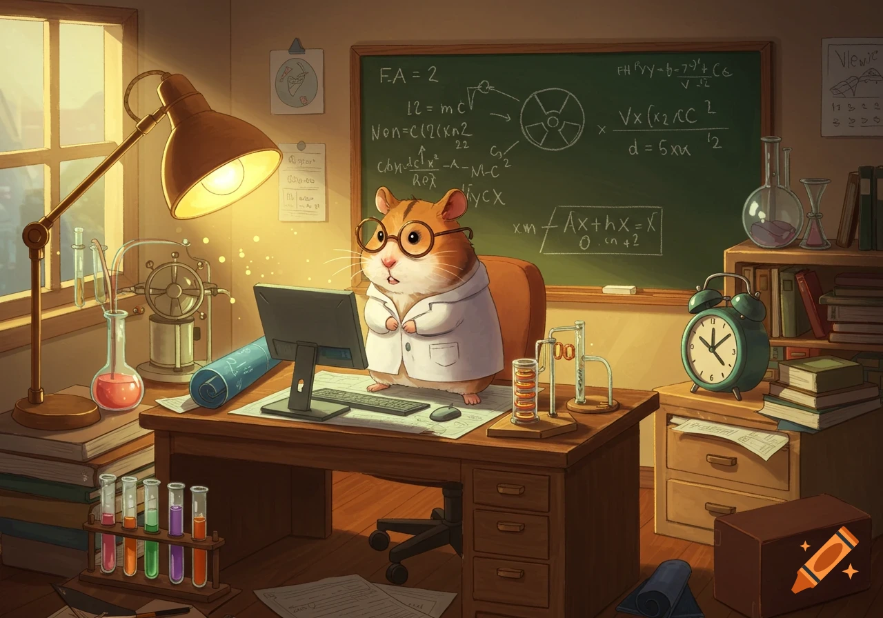 A cute, bespectacled hamster in a lab coat at a science desk with a computer, beakers, and a blackboard with formulas.