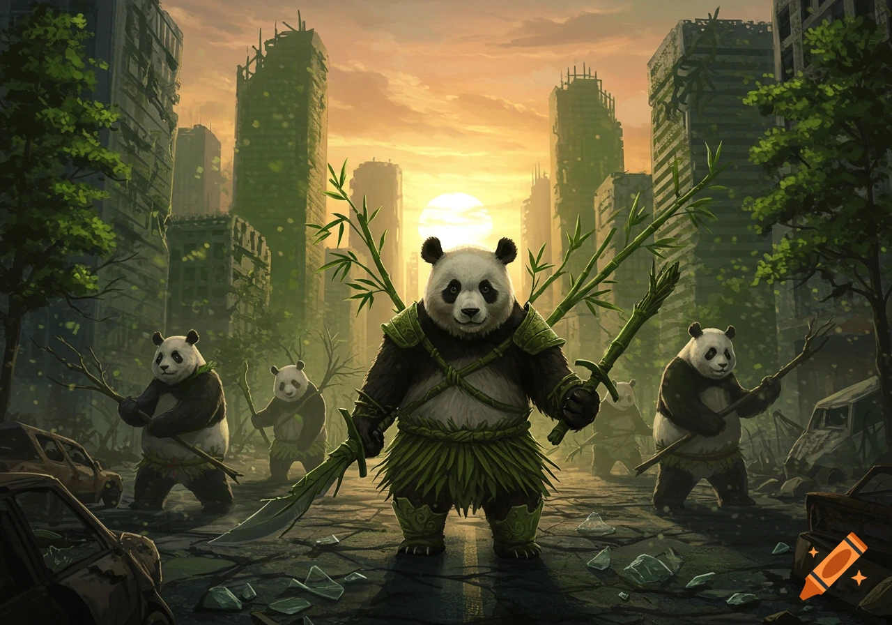 Panda warriors with bamboo weapons stand guard in a post-apocalyptic city at sunset, overgrown with greenery, digital painting.