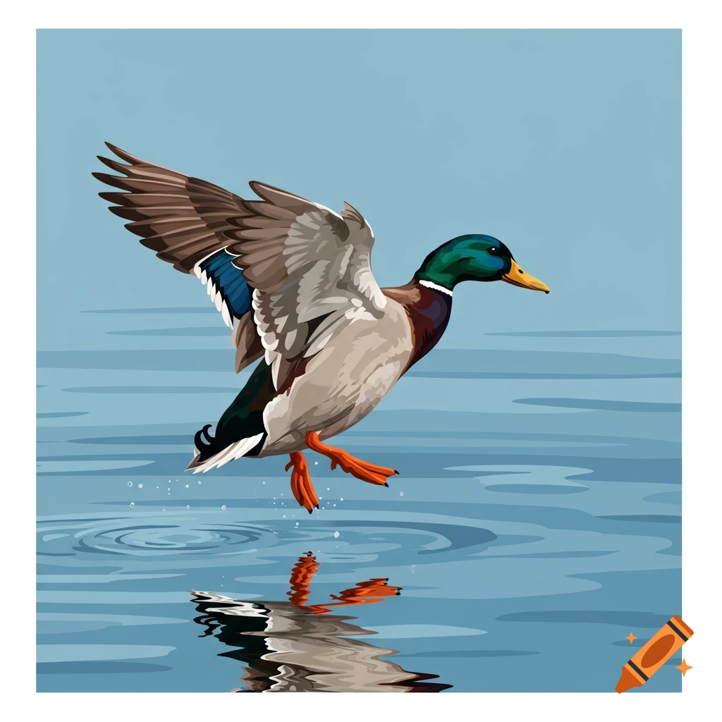 An illustrated mallard duck with cupped wings lands on blue water, creating ripples. Its reflection is visible below.
