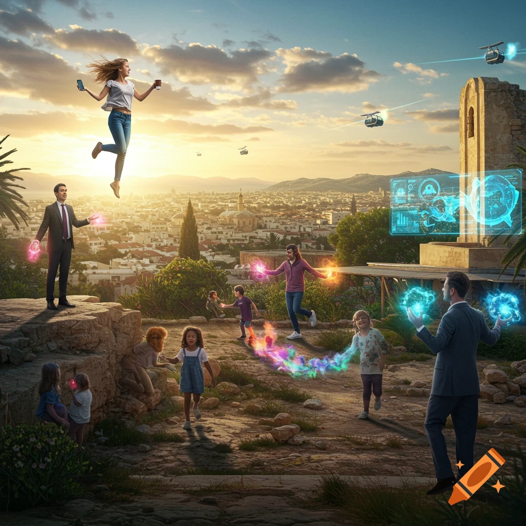 Diverse people with glowing superpowers in a futuristic Cyprus city at sunset, with floating figures, cable cars, and holographic screens.