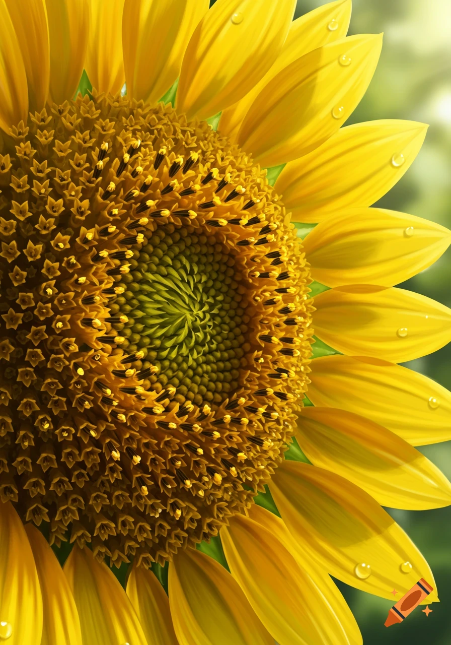 A detailed close-up of a vibrant yellow sunflower head, showing its intricate seed patterns and petals with water droplets.