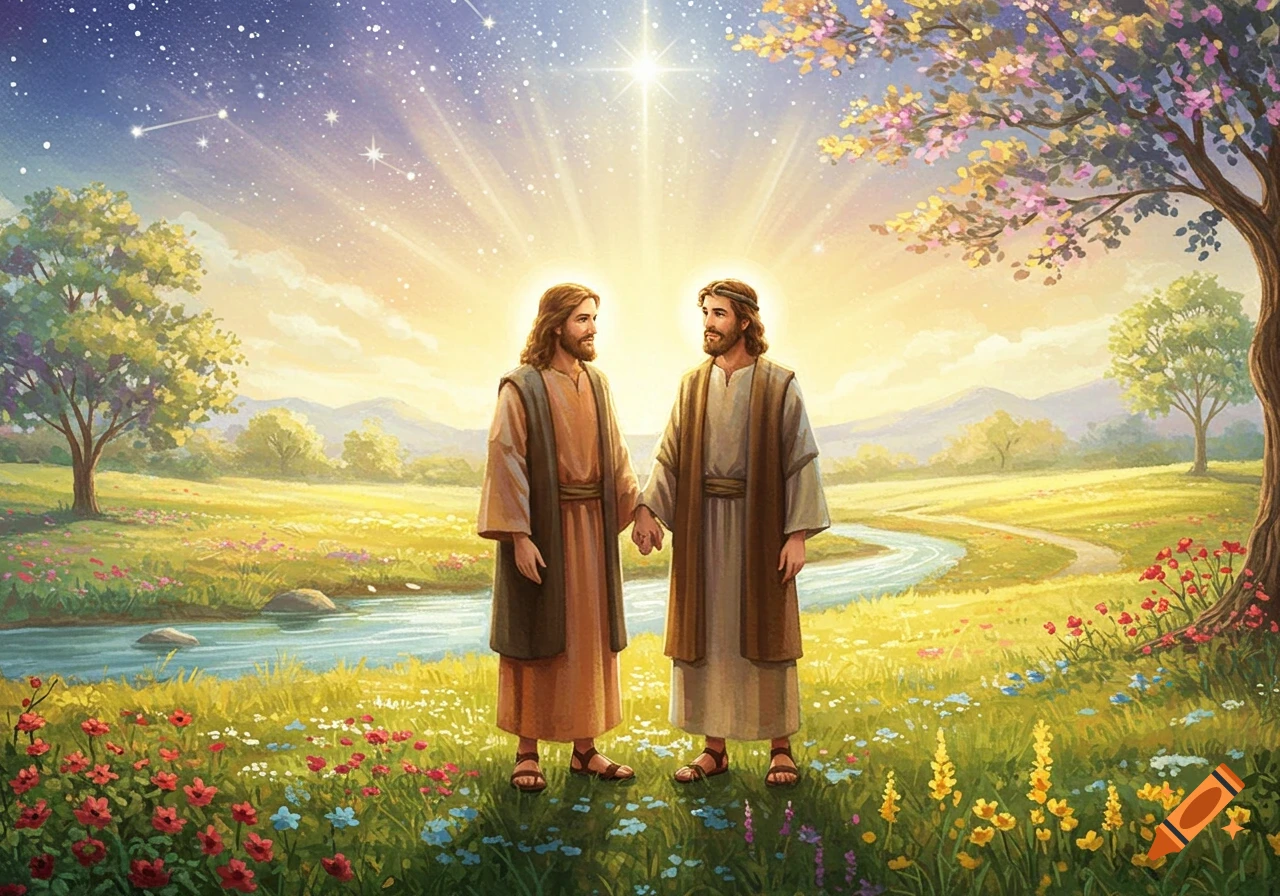 Two figures resembling Jesus hold hands in a bright, mystical, flowery landscape with a river under a starry, sunlit sky.