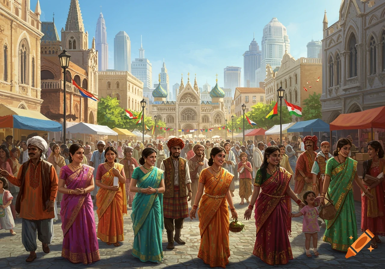 Vibrant illustration of a bustling multicultural street market with people in traditional clothing, set against city architecture.