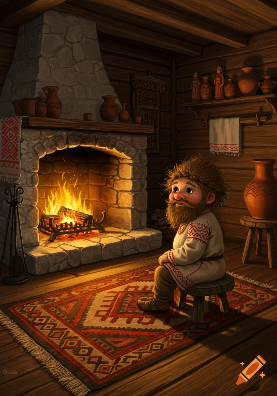 A small, bearded Domovoi creature sits on a stool by a warm fireplace in a rustic wooden cabin.