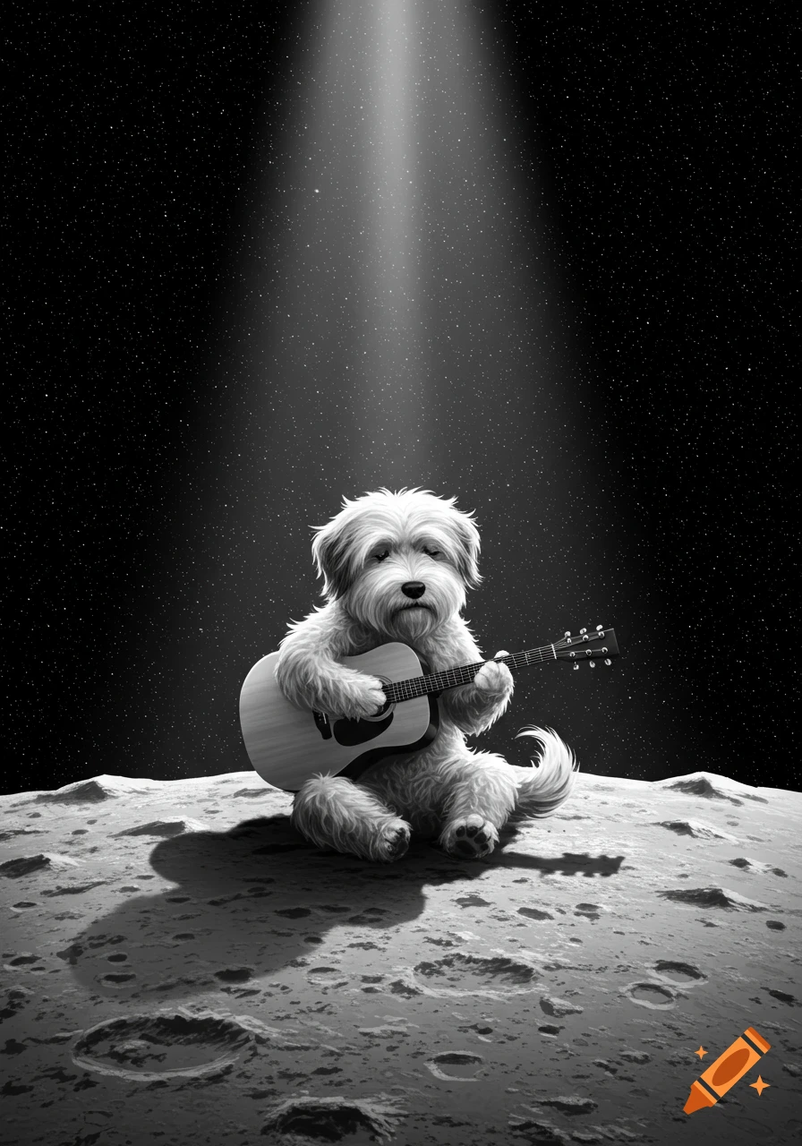 A fluffy dog sits on the moon, playing an acoustic guitar, under a spotlight in a starry black and white sky.