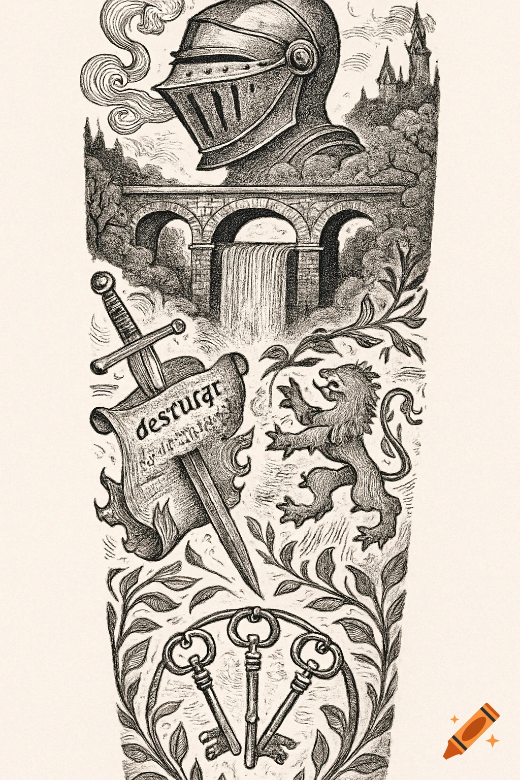 A blackwork design for an arm sleeve tattoo, featuring a knight's helm, a bridge with a waterfall, a sword piercing a scroll with text, a lion rampant, and three keys, surrounded by foliage.