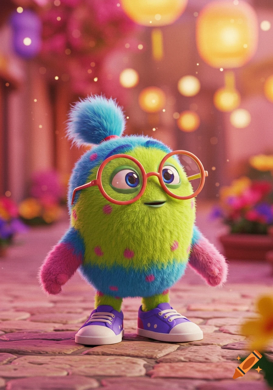 A fluffy, green and blue Pixar-style monster with red glasses and a blue ponytail stands on a path with bokeh lights.