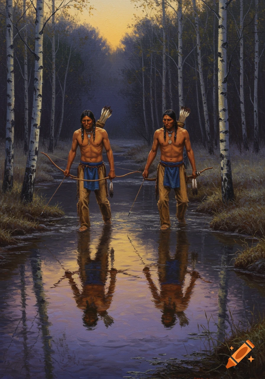 Two shirtless Sioux warriors with bows and quivers walk through a shallow stream in a birch forest at dusk, painted in oil.