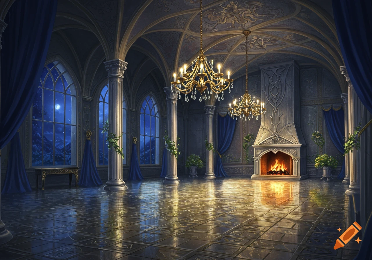 Grand fantasy castle ballroom with high arches, blue drapes, golden chandeliers, a fireplace, and moonlit windows.