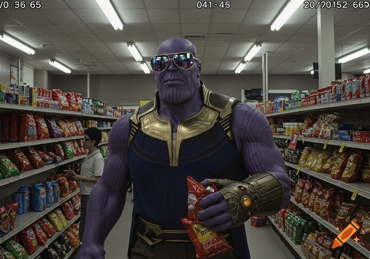 Photorealistic image of Thanos wearing sunglasses and the Infinity Gauntlet, holding chip bags in a supermarket aisle, styled as CCTV footage.