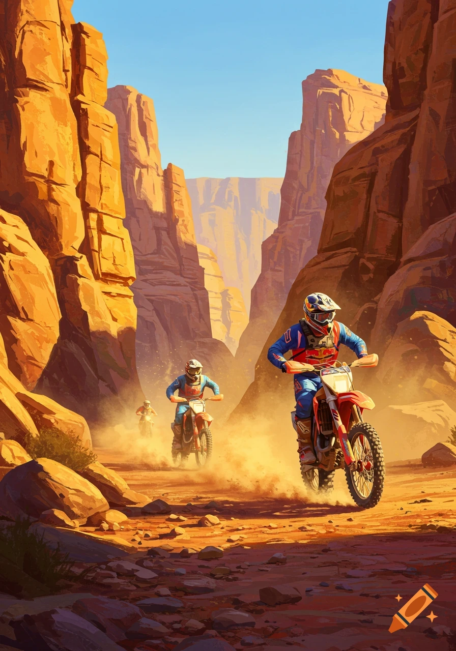 Three dirtbike riders race through a dusty desert canyon, kicking up sand, in a vibrant digital illustration.
