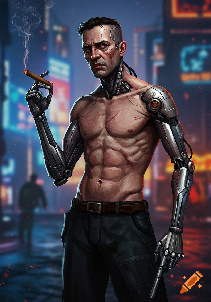 A gritty digital art portrait of a half-human, half-robotic man with scars, holding a cigar, against a blurred futuristic city background.
