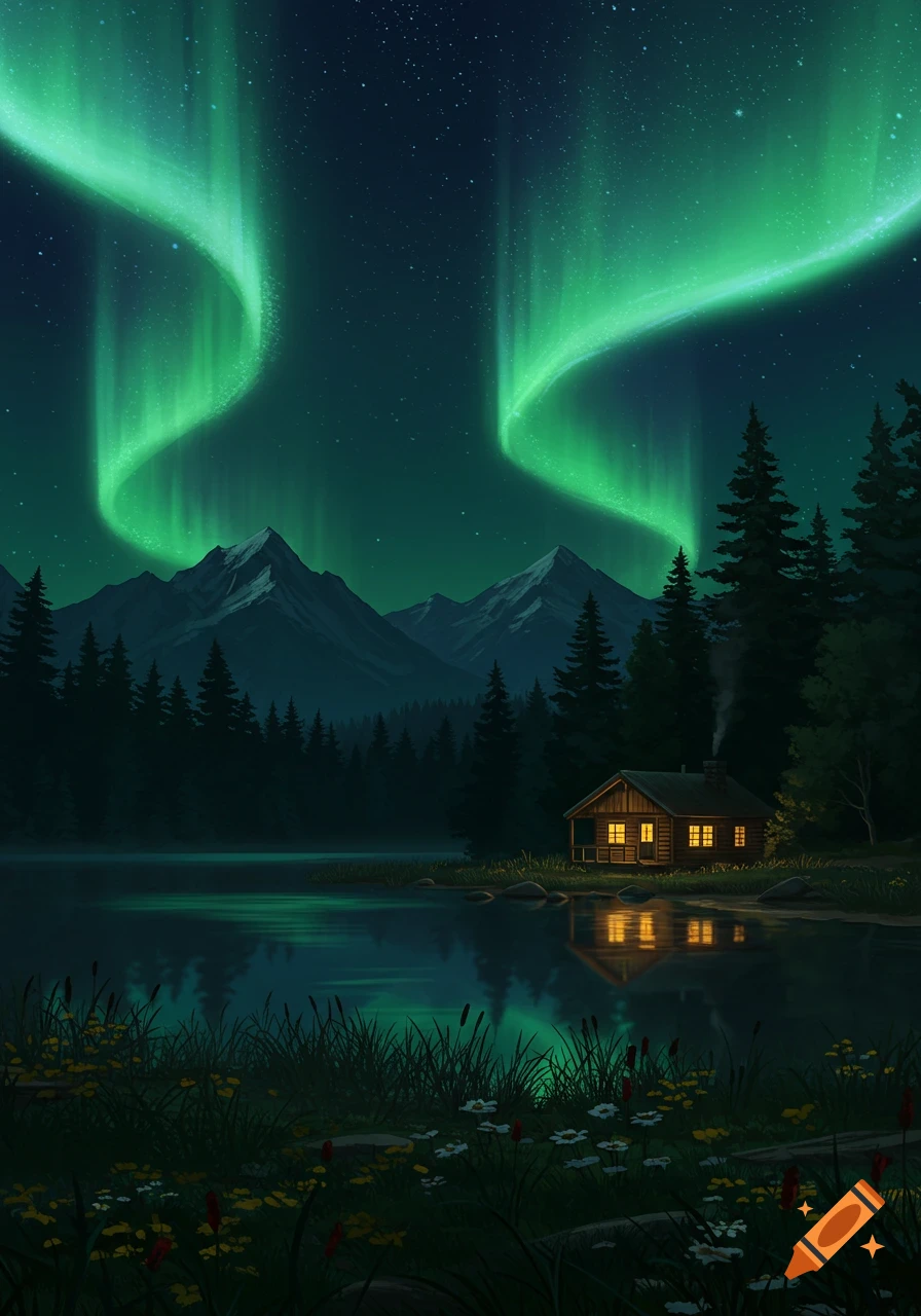 Illustrated night scene with a cozy wooden cabin by a lake, forest, and mountains under vibrant green aurora borealis.