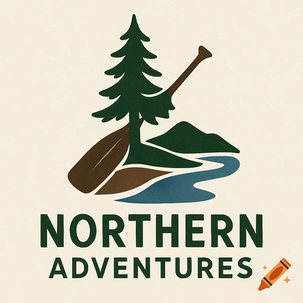 Minimalist outdoor logo with a pine tree, canoe paddle, mountains, river, and 'Northern Adventures' text.