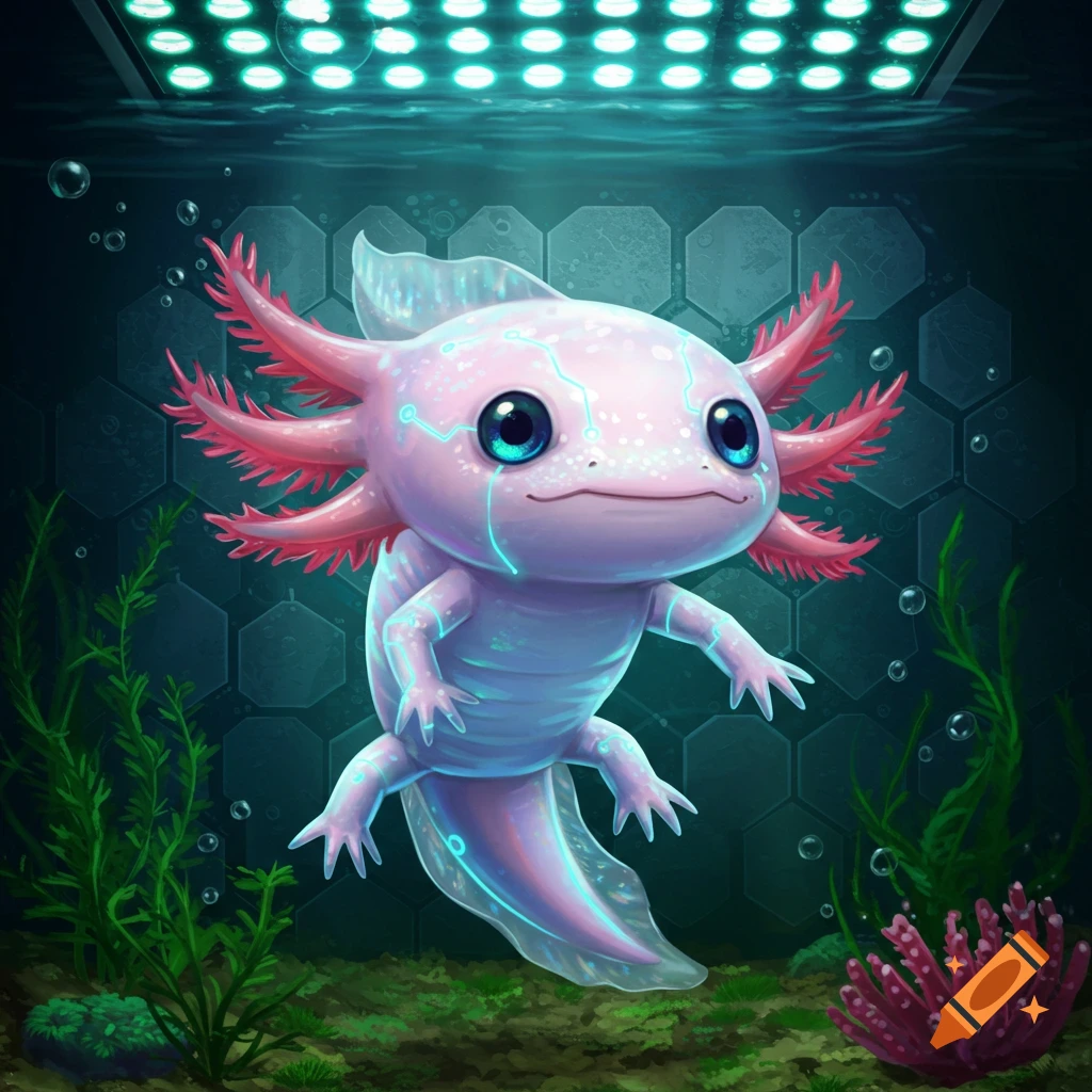 A cute, pink, cybernetic axolotl with glowing blue circuit patterns swims in an aquarium under bright lights.