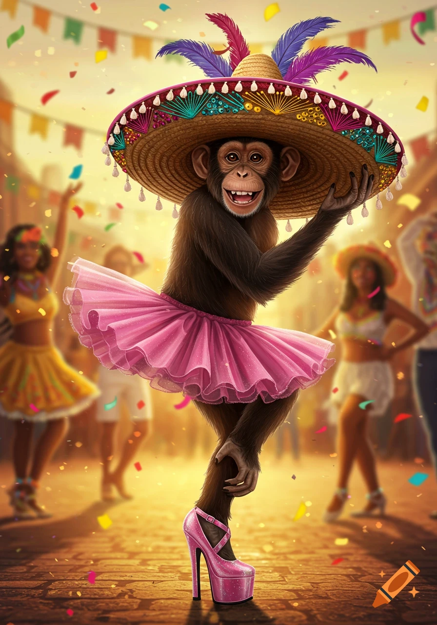 A dancing monkey in a feathered sombrero, pink tutu, and high heels at a vibrant, confetti-filled street festival.