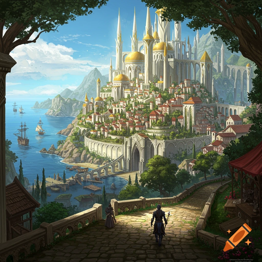 A grand fantasy coastal city with spires and golden domes on cliffs overlooking the sea, with two figures on a path.