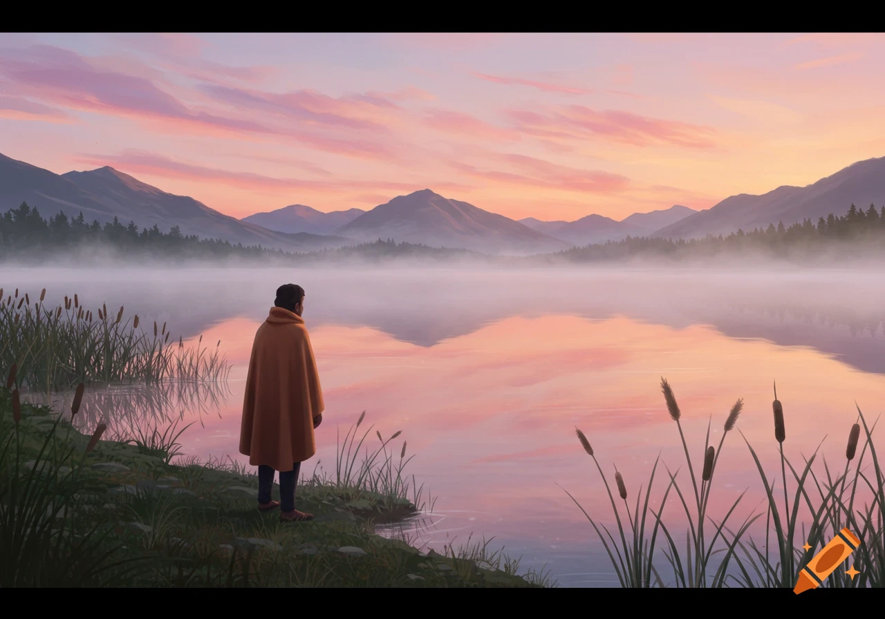 A person in a cloak stands by a misty lake at sunrise, surrounded by mountains and cattails, in a digital painting style.