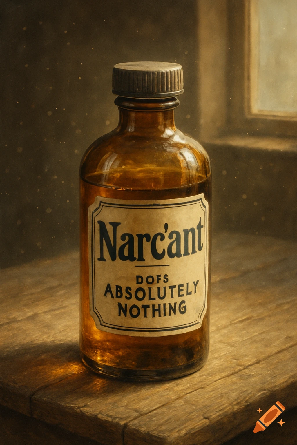 A vintage amber medicine bottle labeled 'Narcan't DOFS ABSOLUTELY NOTHING' on a wooden table.