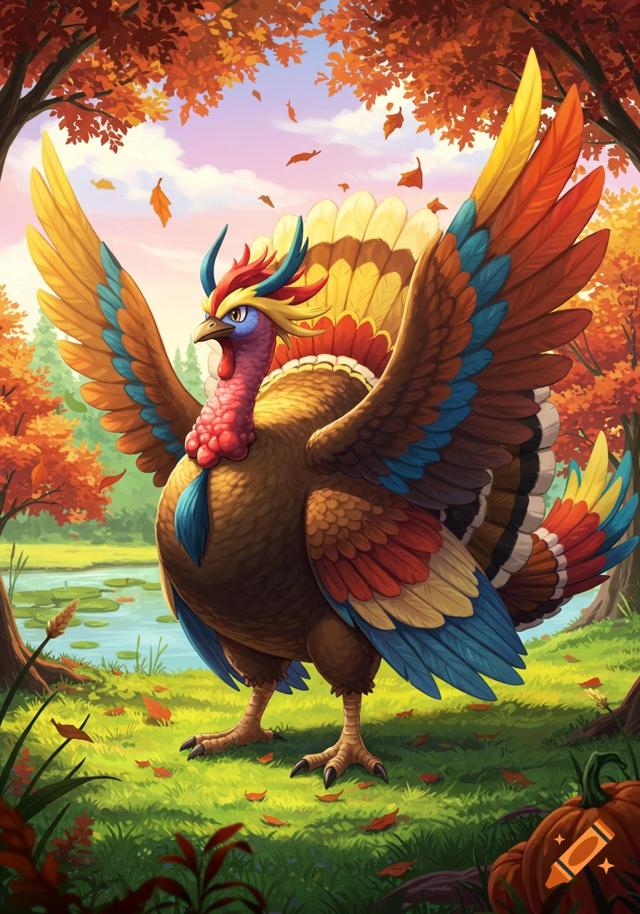 A colorful, stylized turkey-like creature with large wings stands in an autumn forest next to a pond. Leaves fall from orange trees.