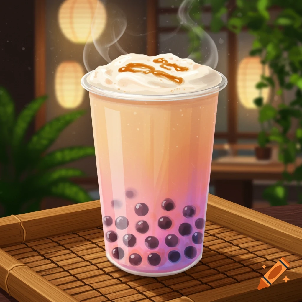 A colorful boba tea with tapioca pearls, cream, and caramel drizzle sits on a bamboo mat in a softly lit room.