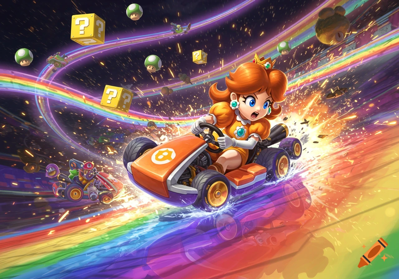 Princess Daisy racing in an orange go-kart on a vibrant rainbow road in space, with question blocks and sparks flying.