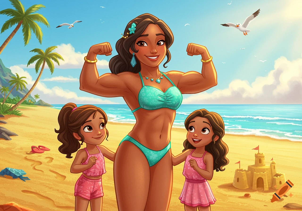 Cartoon image of a muscular woman in a bikini flexing on a sunny beach with two young girls, sandcastles, palm trees, and ocean.
