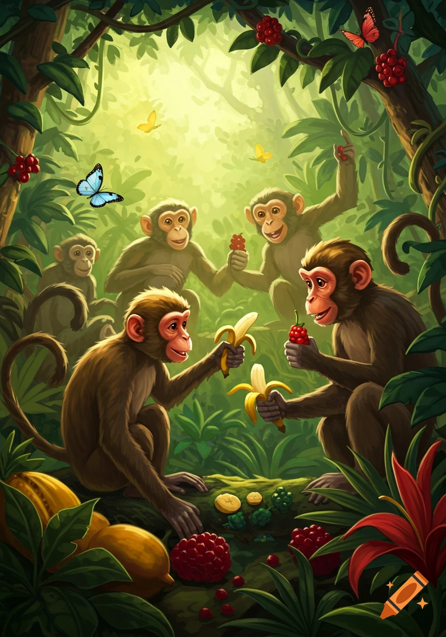Cartoon monkeys in a lush jungle, sharing bananas and berries, with butterflies flying around.