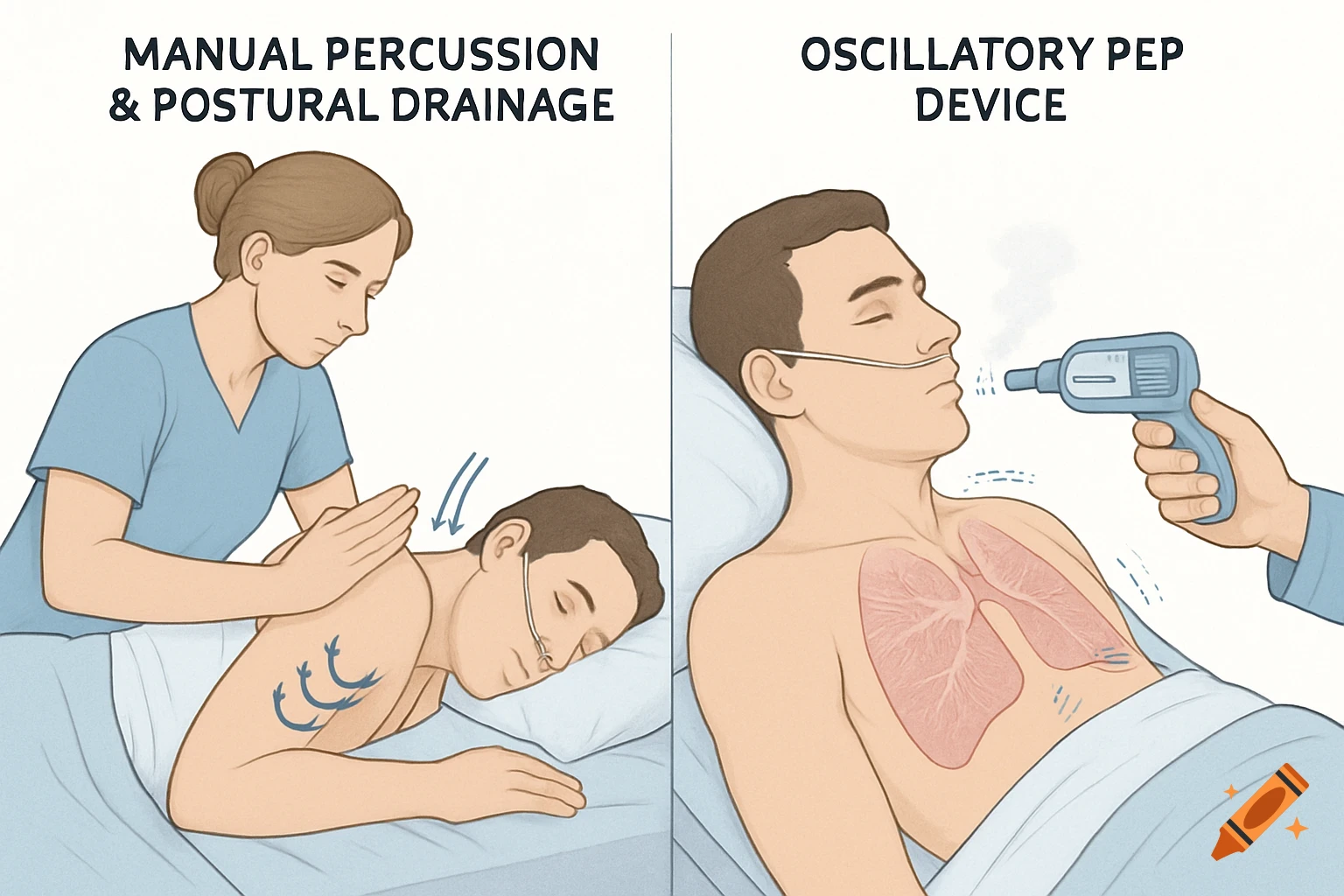 Medical illustration showing manual percussion and postural drainage on a patient and a patient using an oscillatory PEP device.