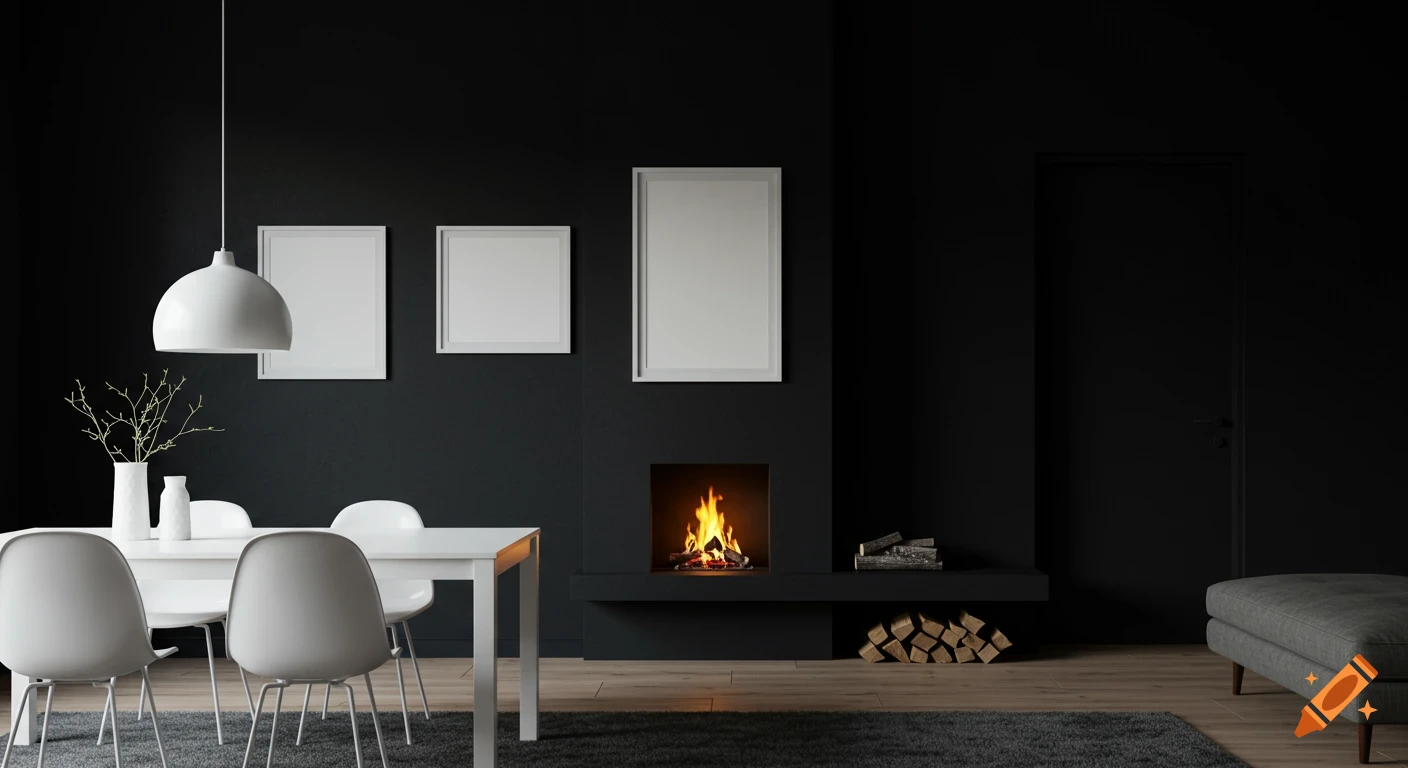 A modern, minimalist living and dining room with black walls, white furniture, a lit fireplace, and a gray rug.