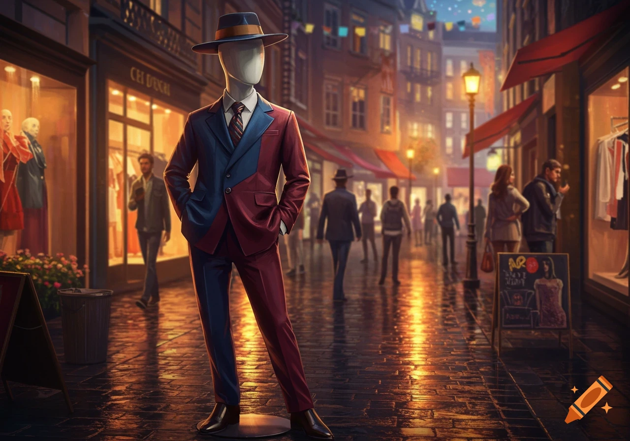 A mannequin in a blue and red suit and fedora stands on a wet, reflective city street at night, surrounded by blurred pedestrians and glowing shop windows.
