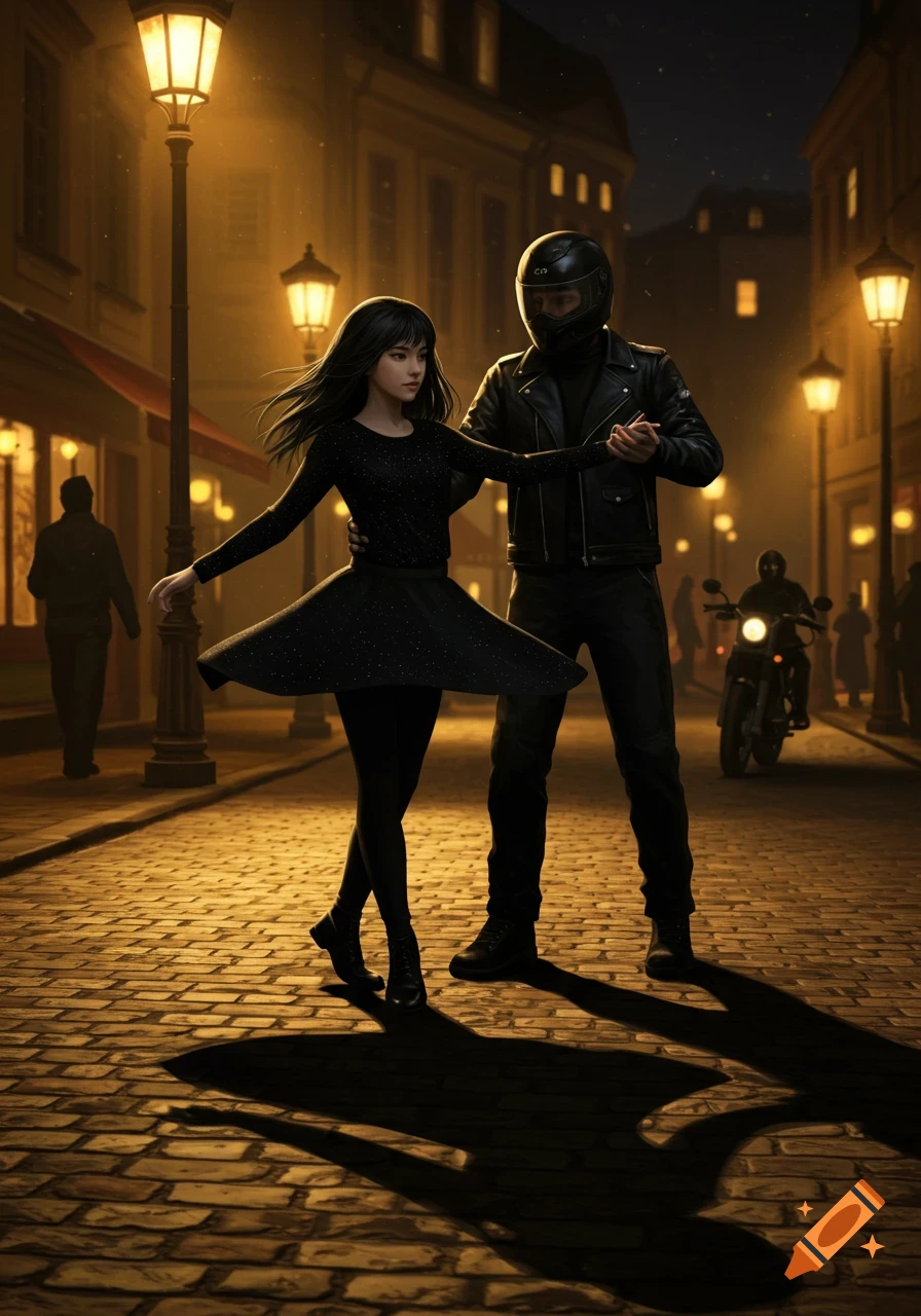 A couple dances on a cobblestone street at night, illuminated by streetlights. The woman wears a black dress, the man a biker jacket and helmet.