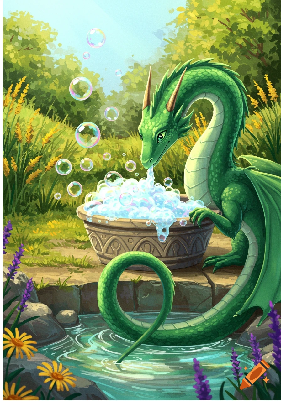 A whimsical green dragon blows bubbles into a stone basin filled with shampoo in a lush, sunny outdoor setting, digital art.