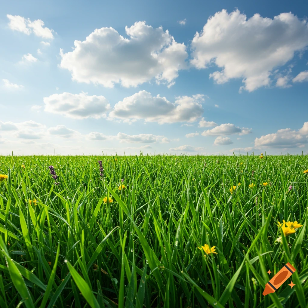 A vibrant green field of tall grass with small yellow and purple flowers under a bright blue sky with fluffy white clouds.