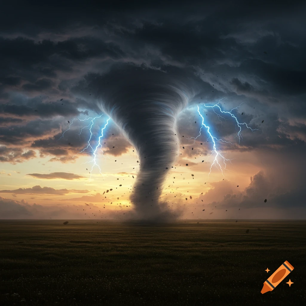 A powerful tornado with bolts of lightning ripping through dark clouds over a vast field at sunset.