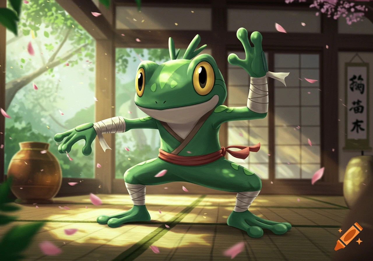 A cartoon green frog creature, resembling a Pokémon, in a martial arts pose with bandages and a red sash, stands in a Japanese-style dojo with cherry blossoms.