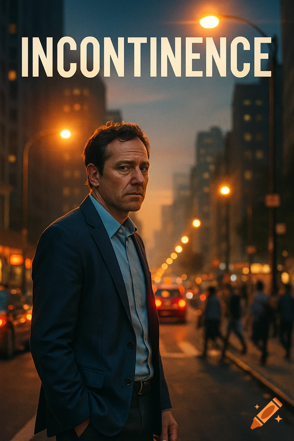 A man in a suit stands on a city street at night, looking intently at the viewer, with the title 'INCONTINENCE' above, like a movie poster.