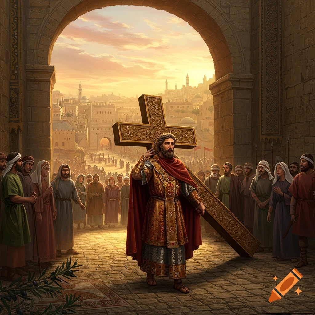 Emperor Heraclius carries a golden cross through an ancient city gate at sunset, surrounded by a crowd. Photorealistic art.