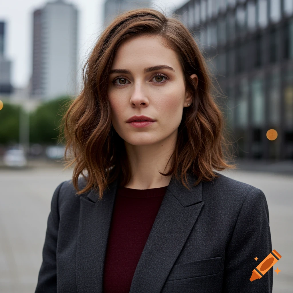 Photorealistic portrait of a woman in a dark blazer and red top, in a city setting.