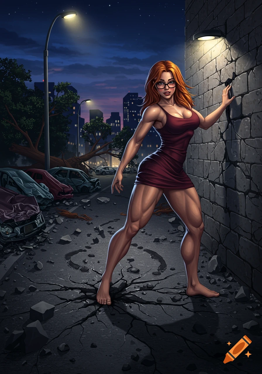 Digital illustration of a muscular, red-haired woman in a tight dress, barefoot, standing on a cracked street amid destroyed cars and fallen trees, an urban cityscape in the background.