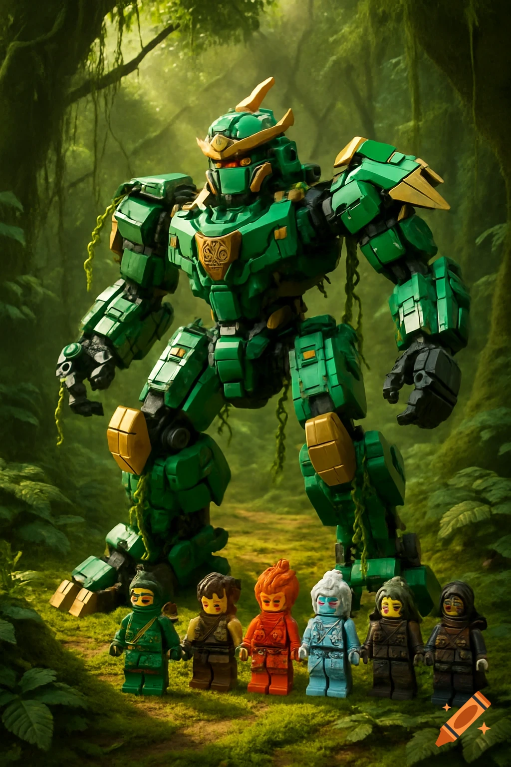 Photorealistic render of a large green and gold Lego mech towering over five Lego minifigures in a lush jungle.
