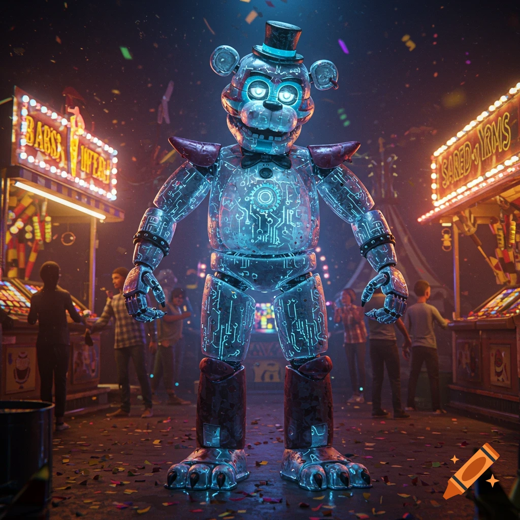 A futuristic glowing blue animatronic bear with a top hat stands in a confetti-strewn carnival arcade with brightly lit game stalls and people in the background, photorealistic style.