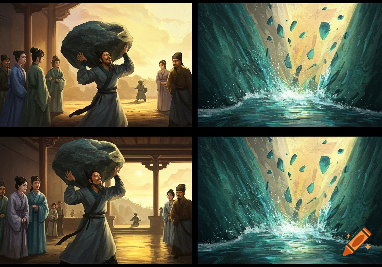 An illustration showing two scenes: a man in ancient robes carrying a large rock, and rocks falling into a body of water creating a large splash.