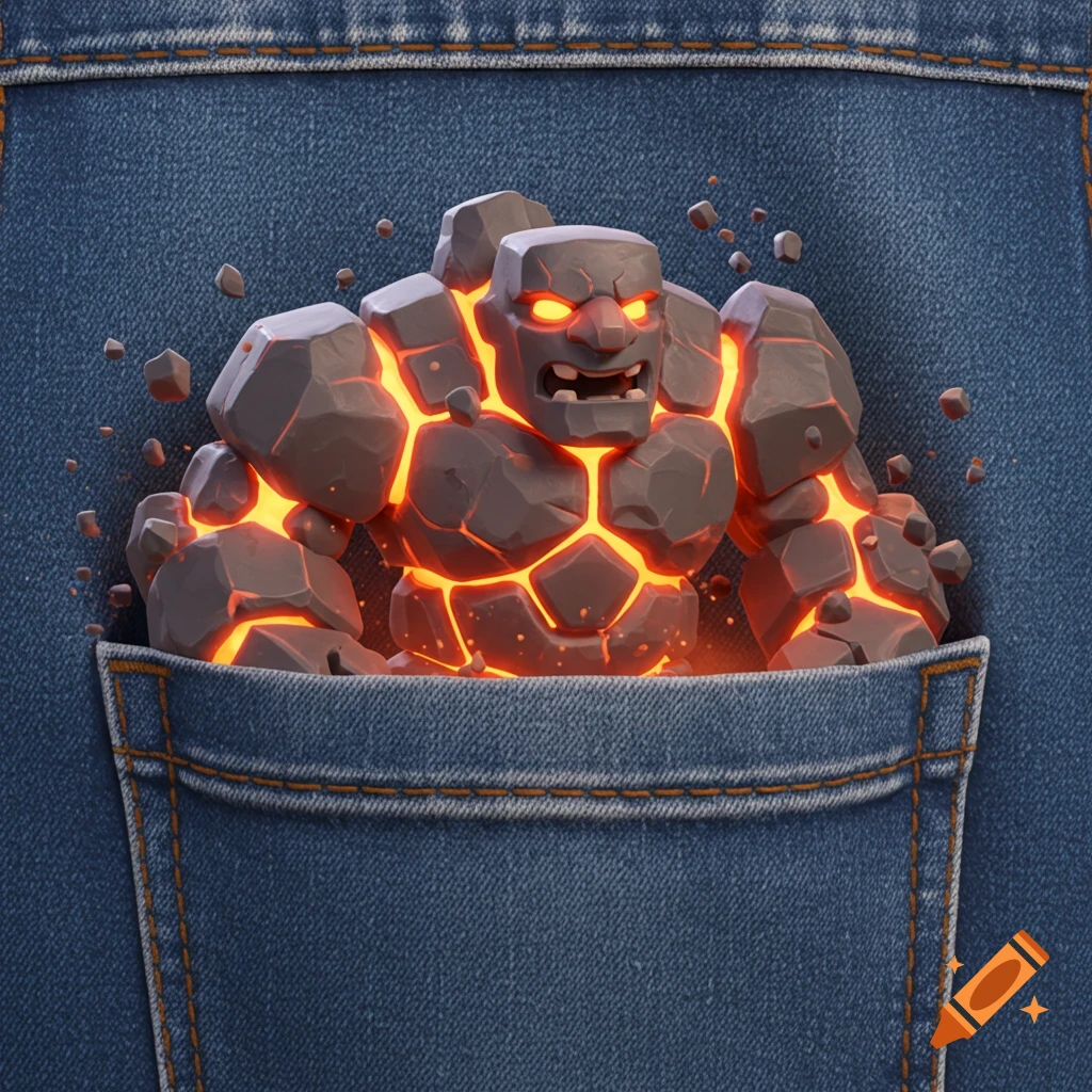 A stylized rocky golem with glowing lava cracks and eyes peeks out of a blue denim jeans pocket.