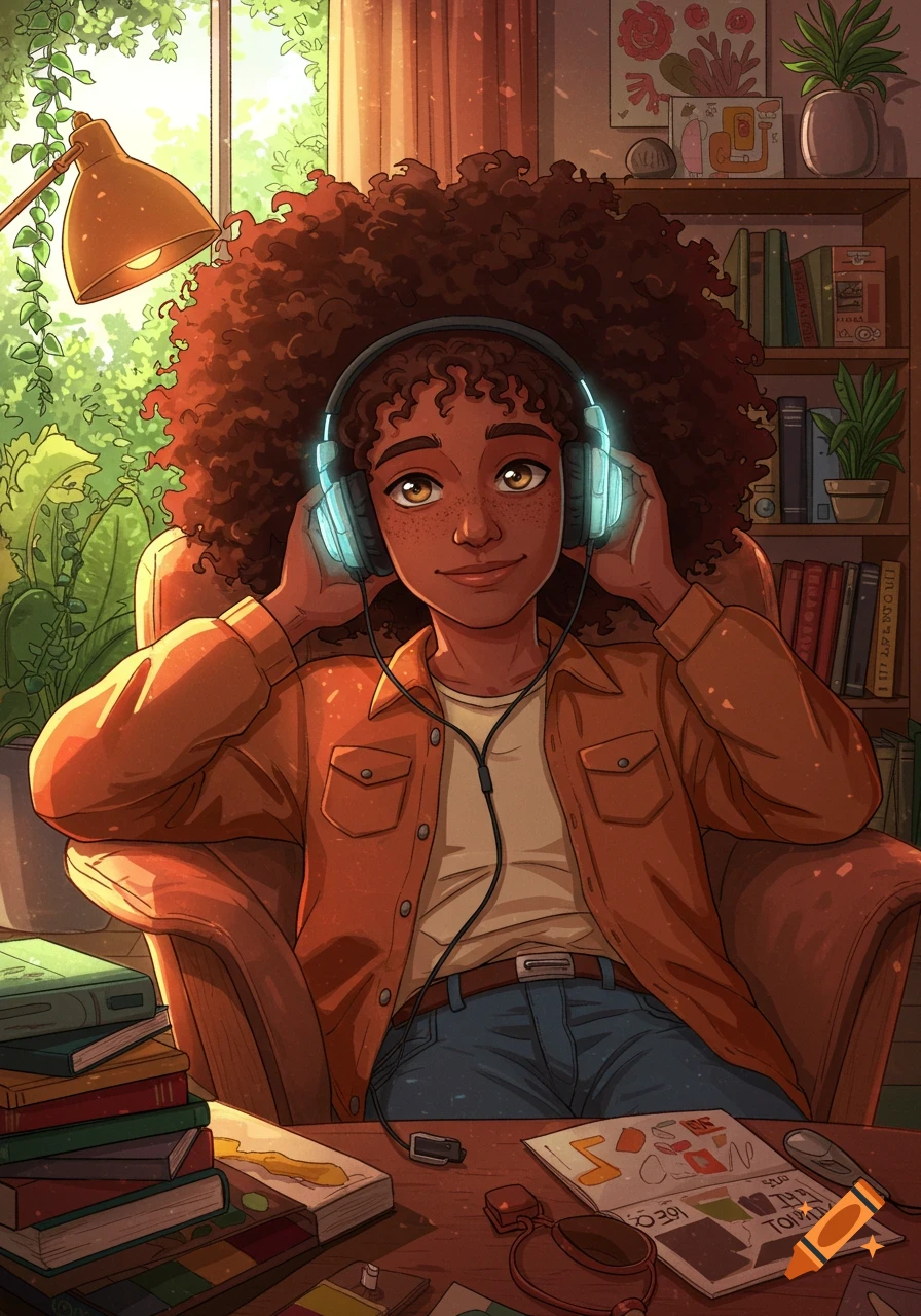 A stylized illustration of a student with big curly hair and glowing headphones, sitting in a cozy room surrounded by books and plants.