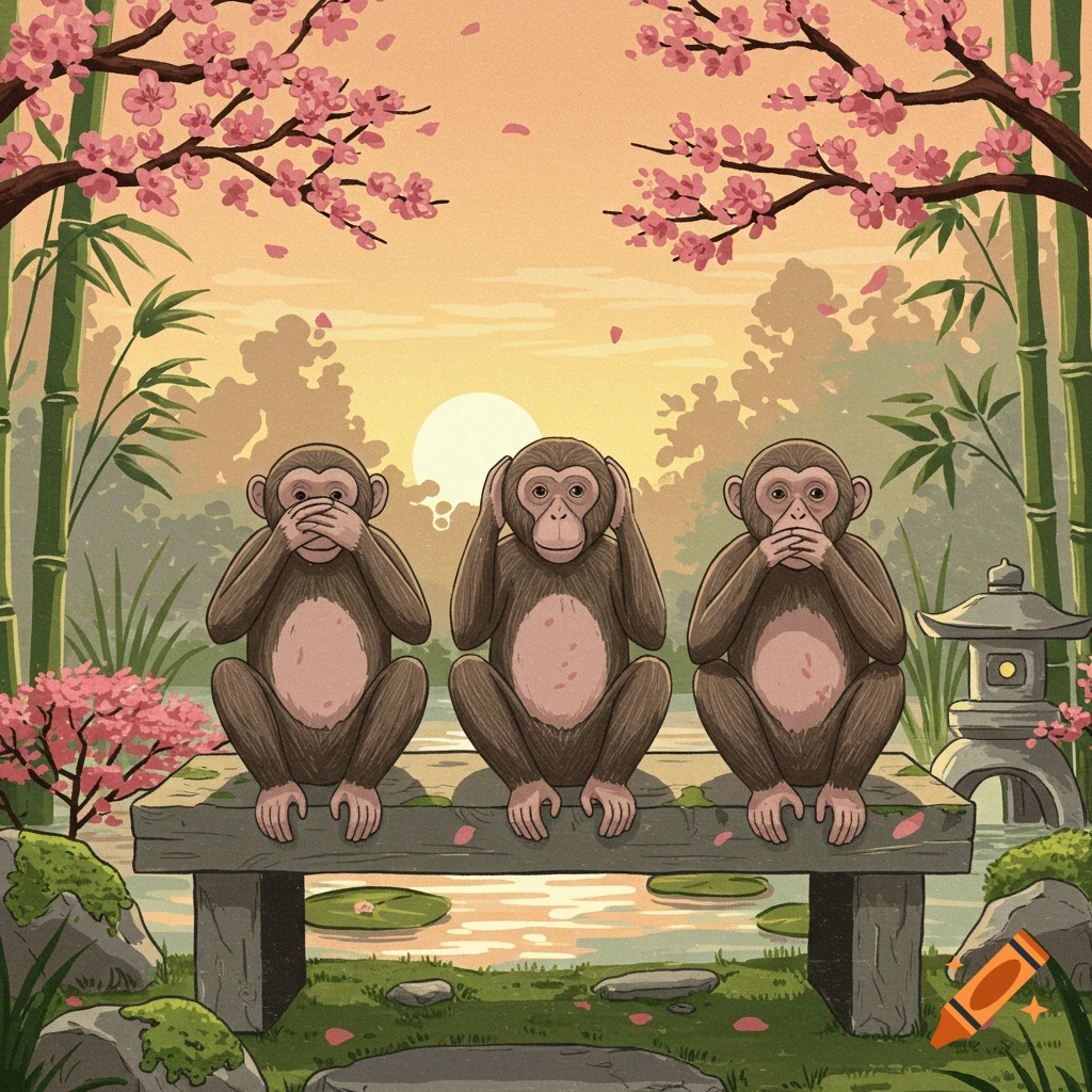 Three cartoon monkeys on a bench by a pond, surrounded by cherry blossoms and bamboo, acting out 'see no evil, hear no evil, speak no evil' at sunset.