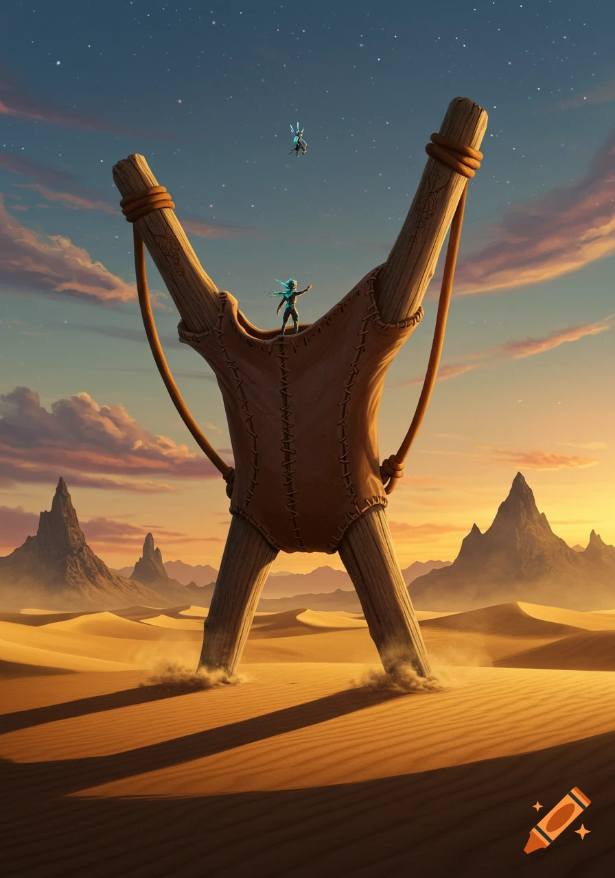 A giant wooden slingshot with a leather pouch stands in a desert at dusk, a small human figure in its pouch, another flying above.
