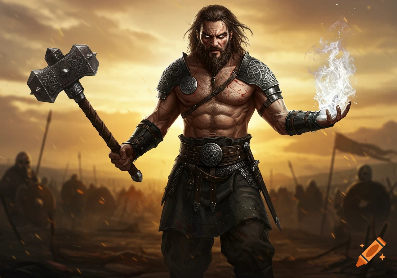 Muscular bearded warrior on a battlefield at sunset, holding a mace and conjuring white flames. Digital art.
