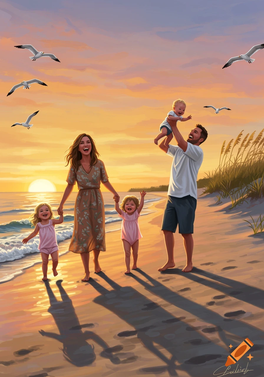 An illustration of a happy family with three young children walking on a beach at sunset, with seagulls flying above.