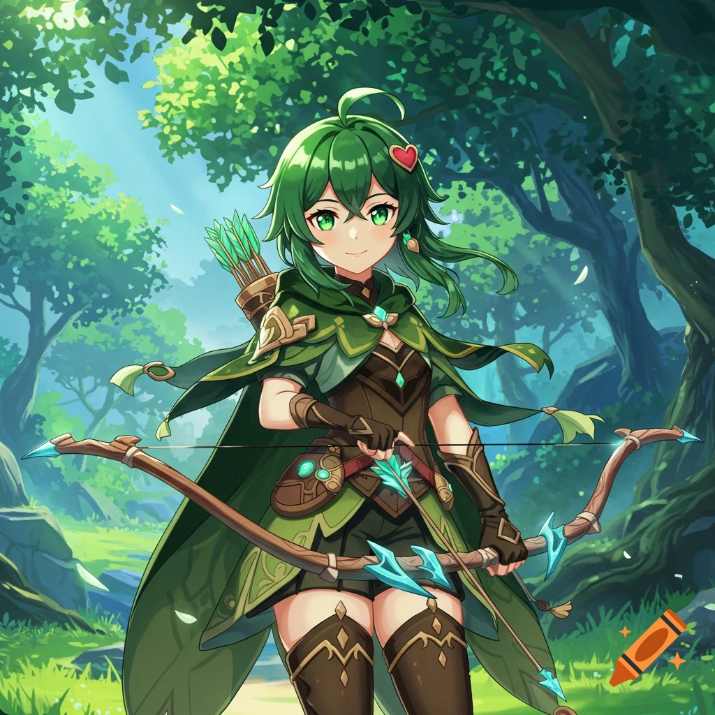 Anime girl with green hair and eyes, holding a bow in a lush forest, wearing a green cape and heart hair clip.